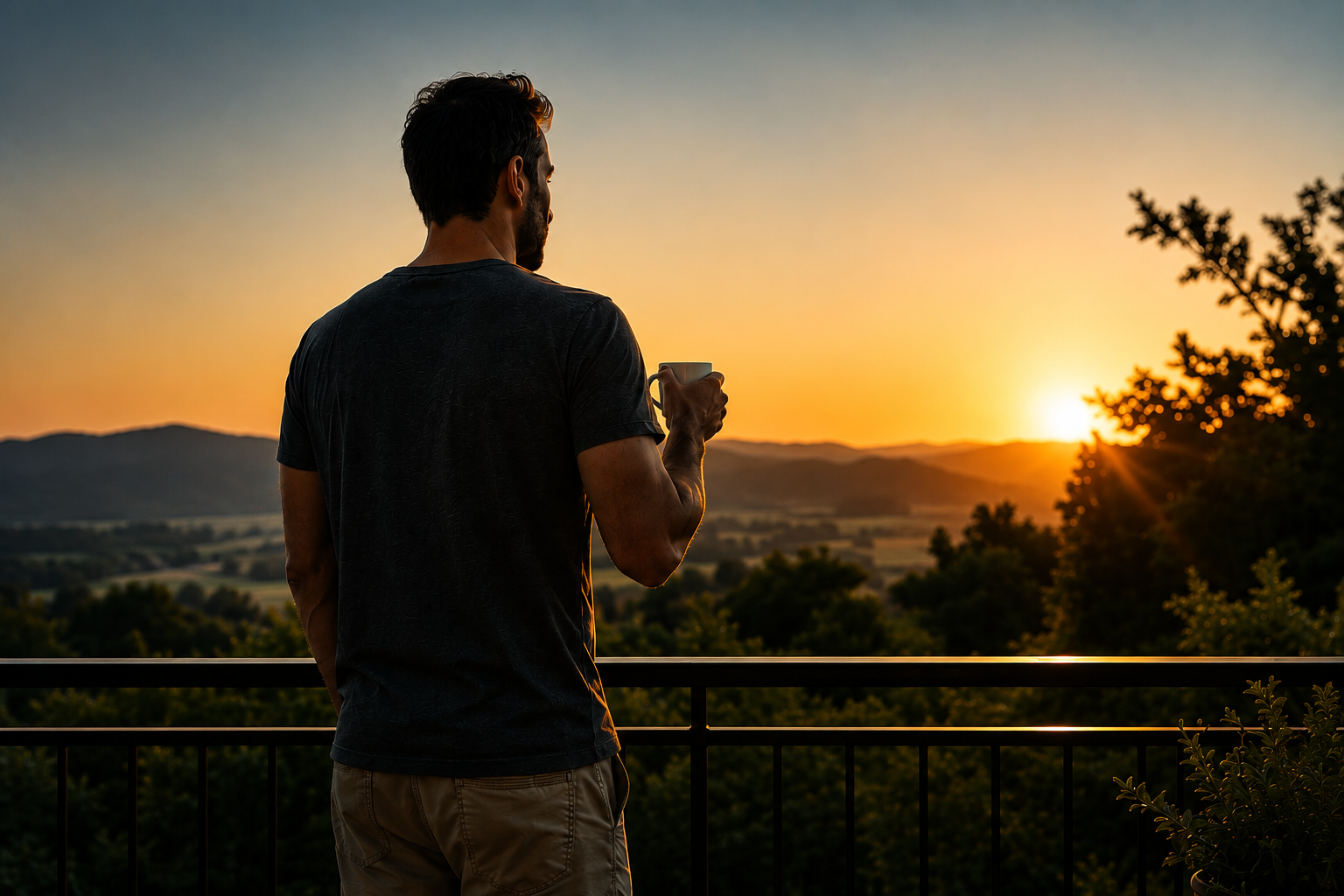Man relaxing and looking at the sunset